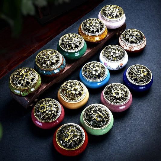 Ceramic Coil Incense Burner with Antique Copper Filigree Lid