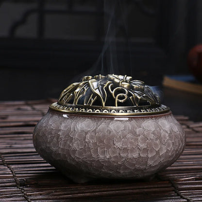 Ceramic Coil Incense Burner with Antique Copper Filigree Lid