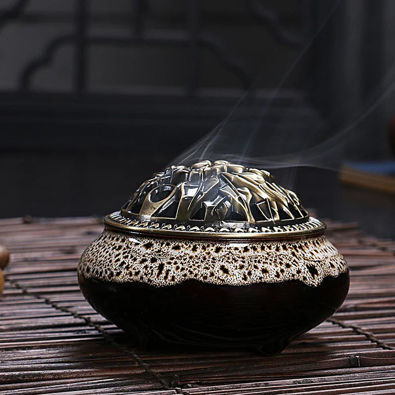 Ciqcai Ceramic Incense Burner with Antique Copper Lid