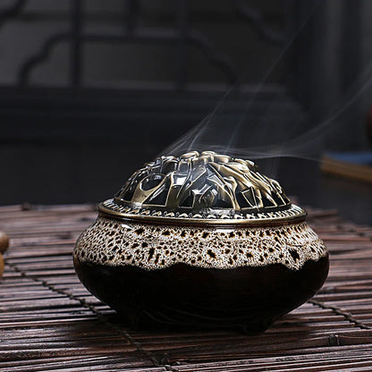 Ceramic Coil Incense Burner with Antique Copper Filigree Lid