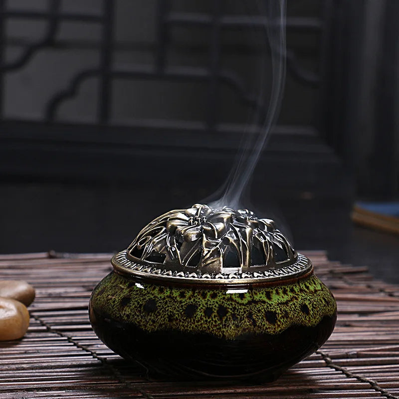 Ciqcai Ceramic Incense Burner with Antique Copper Lid