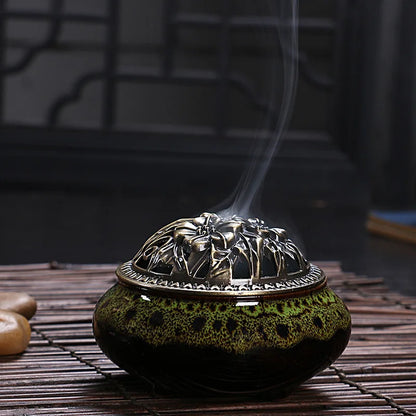 Ceramic Coil Incense Burner with Antique Copper Filigree Lid