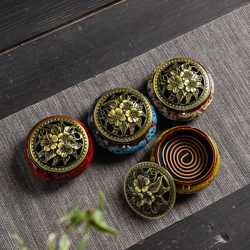 Ciqcai Ceramic Incense Burner with Antique Copper Lid