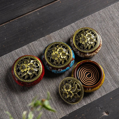 Ceramic Coil Incense Burner with Antique Copper Filigree Lid