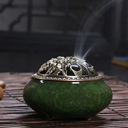 Ceramic Coil Incense Burner with Antique Copper Filigree Lid