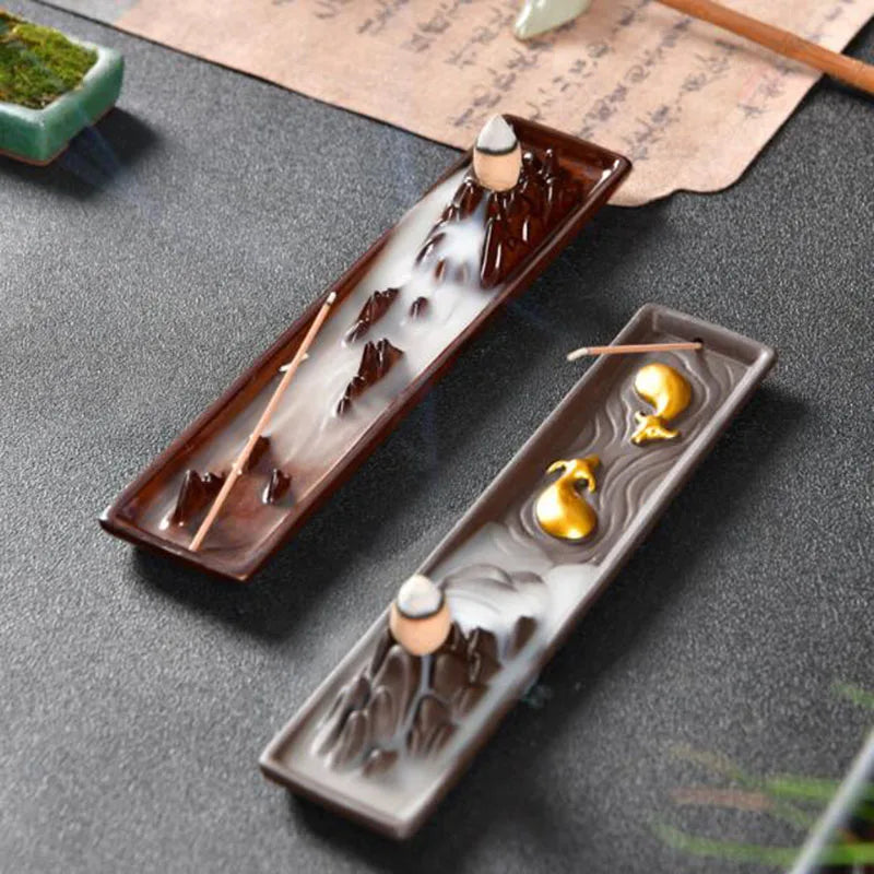 Ceramic Backflow Incense Burner Double Fish Waterfall Home Decor