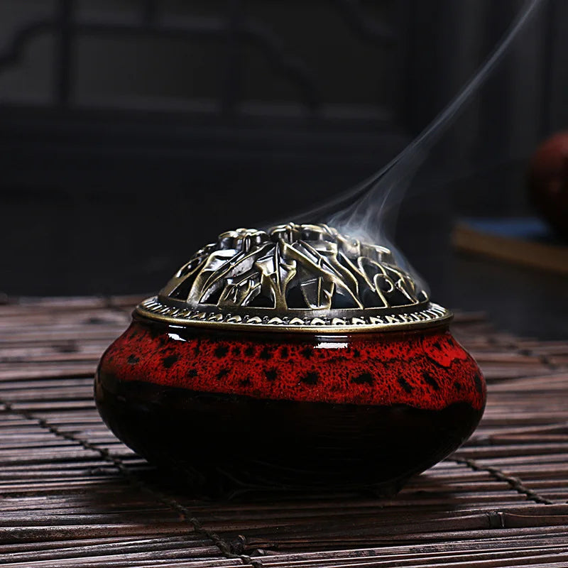 Ciqcai Ceramic Incense Burner with Antique Copper Lid