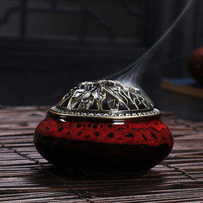 Ceramic Coil Incense Burner with Antique Copper Filigree Lid