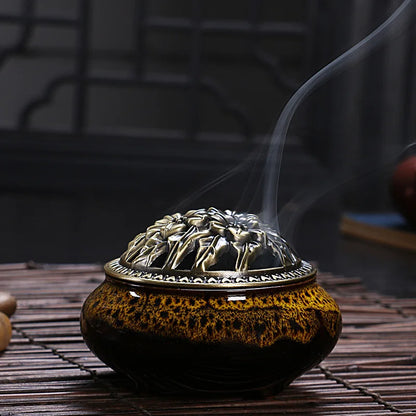 Ceramic Coil Incense Burner with Antique Copper Filigree Lid