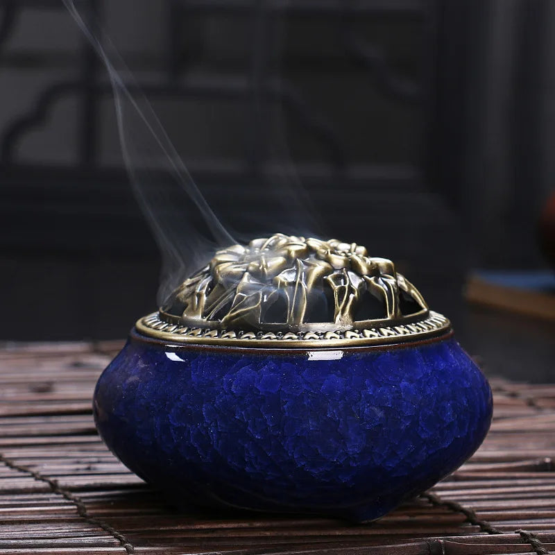 Ciqcai Ceramic Incense Burner with Antique Copper Lid