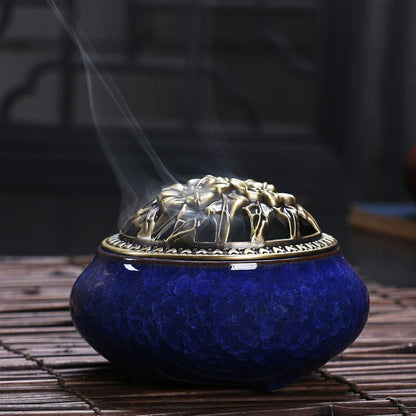 Ceramic Coil Incense Burner with Antique Copper Filigree Lid
