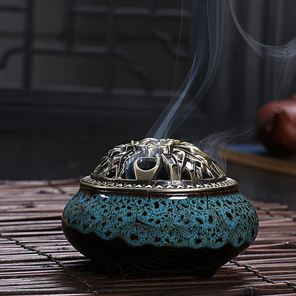 Ceramic Coil Incense Burner with Antique Copper Filigree Lid