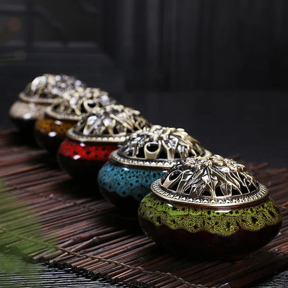 Ceramic Coil Incense Burner with Antique Copper Filigree Lid