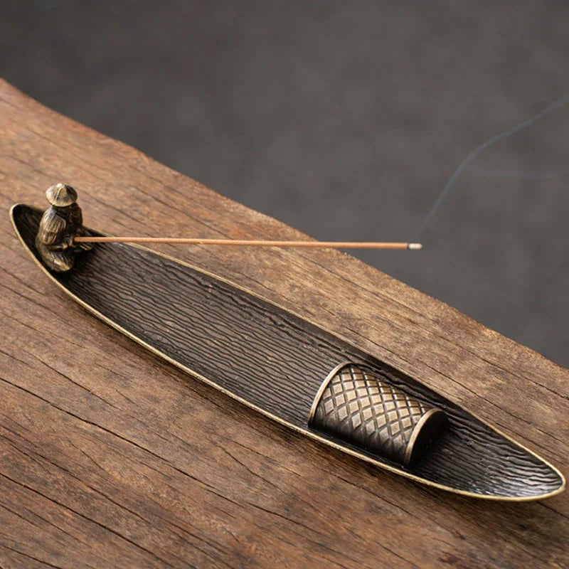 Japanese Style Incense Holder Boat Fishing Old Man Alloy Incense Burner Tray