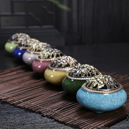 Ceramic Coil Incense Burner with Antique Copper Filigree Lid