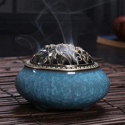 Ceramic Coil Incense Burner with Antique Copper Filigree Lid