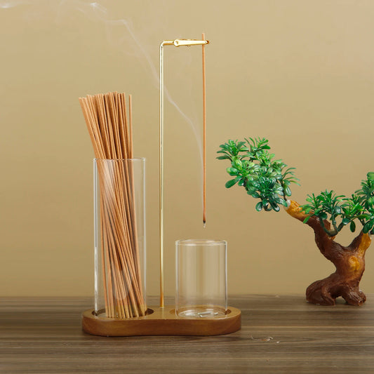 2-in-1 Glass Incense Holder with Wood Base & Ash Catcher