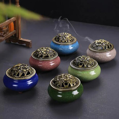 Ceramic Coil Incense Burner with Antique Copper Filigree Lid