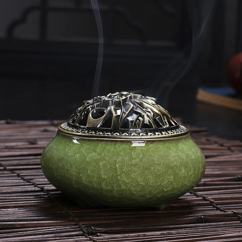 Ciqcai Ceramic Incense Burner with Antique Copper Lid