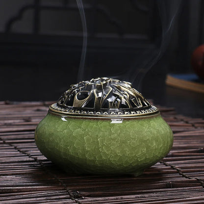 Ceramic Coil Incense Burner with Antique Copper Filigree Lid