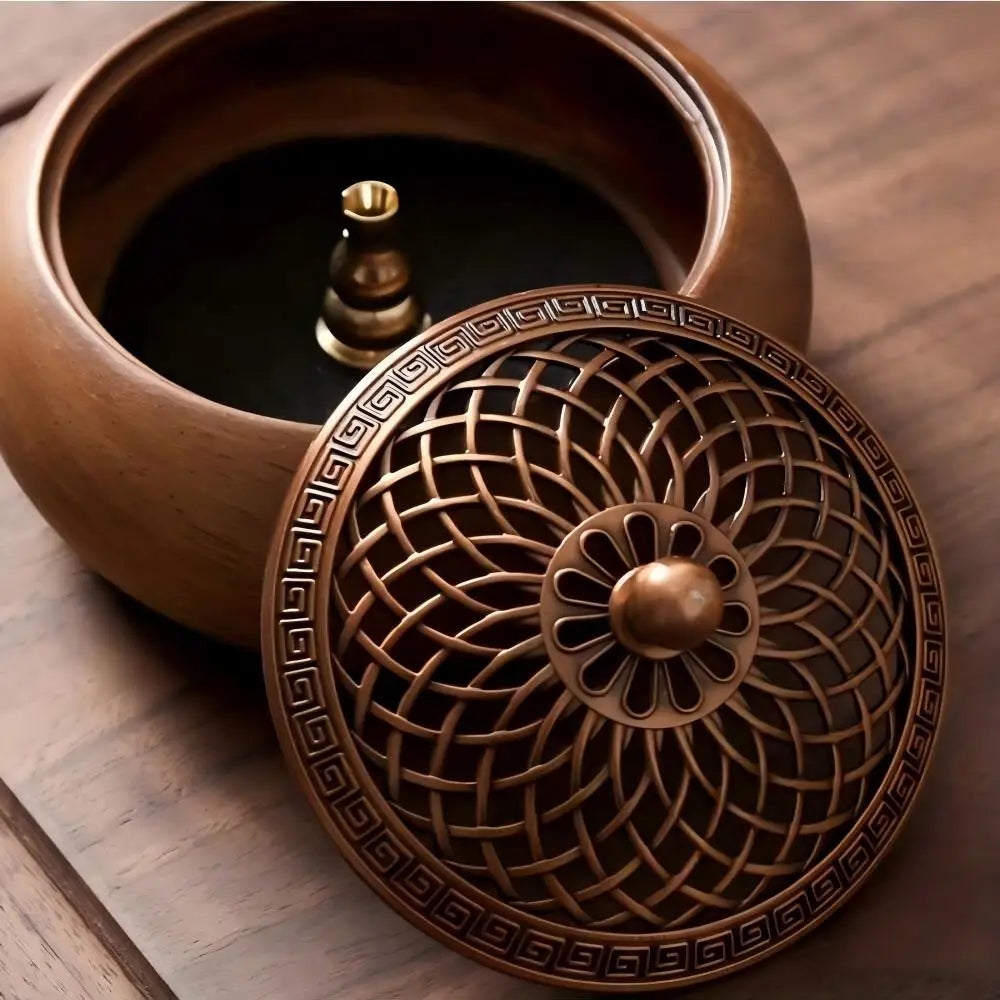 Antique Solid Wood Round Incense Burner for Aromatherapy